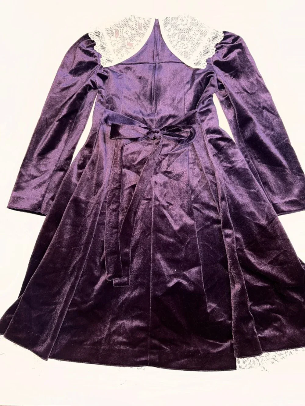 Vintage Bonnie Jean Girls Purple Velvet Dress Cream Lace Collar Pleated Sz 7 690